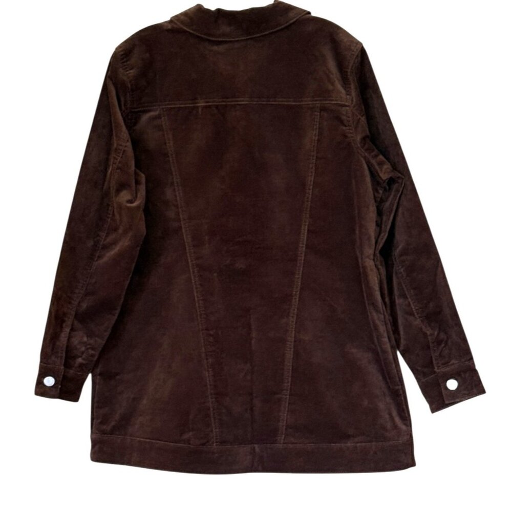 Denim & Co. Women's Stretch Velveteen Button Front Long Jacket Dark Chocolate S - Picture 3 of 9